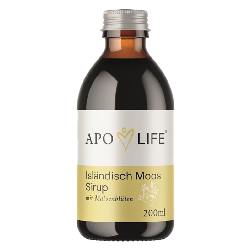 Braune Glasflasche mit silbernem Deckel, enthält isländisches Moos Sirup mit Malvenblüten, 200ml.