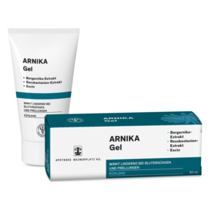 Zwei Produkte: Eine Tube Arnika Gel und eine Schachtel, beide mit Wirkstoffen gegen Blutergüsse und Prellungen.