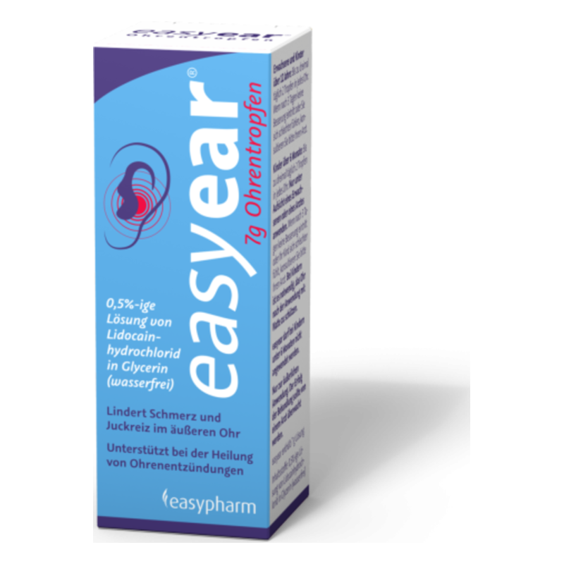 Verpackung von easyear Ohrentropfen mit blauer und weißer Beschriftung zur Linderung von Ohrenschmerzen.