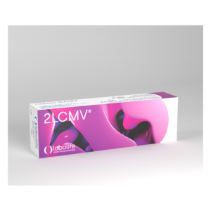 Verpackung des Produkts 2LCMV von labolife in lebhaftem Pink und Violett mit grafischen Elementen.