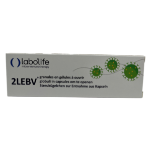 Verpackung mit weißem Hintergrund, enthält den Schriftzug "2LEBV" und Illustrationen von grünen, virusähnlichen Formen.