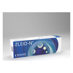 Verpackung von 2LEID-N, einer mikro-immuntherapeutischen Behandlung, mit geschwungener blauer und weißer Gestaltung.