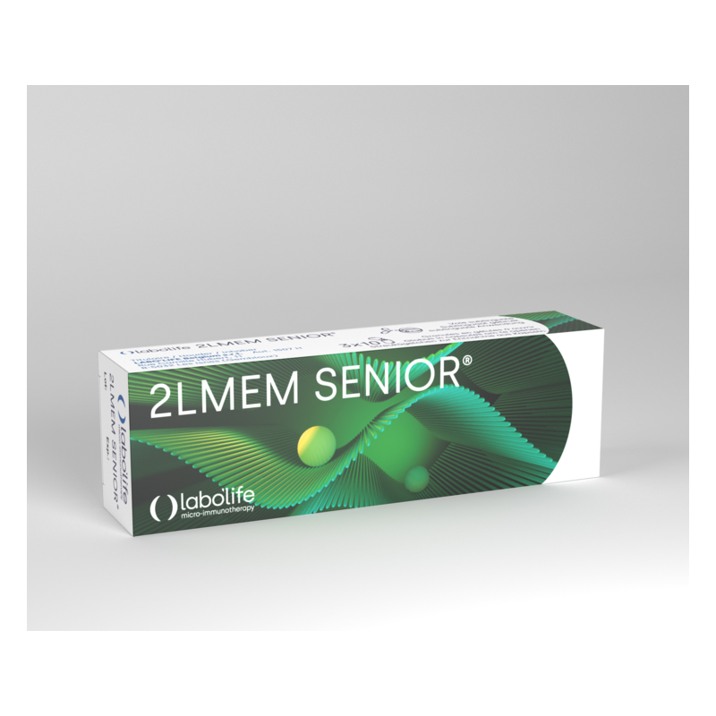 Verpackung des Produkts 2LMEM SENIOR® von labolife mit einem modernen, grafischen Design in Grün und Gelb.