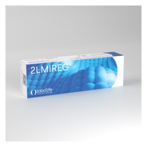 Verpackung von 2LMIREG in blauer und weißer Farbgestaltung mit Abbildung von Mikrosphären und Logo von labolife.