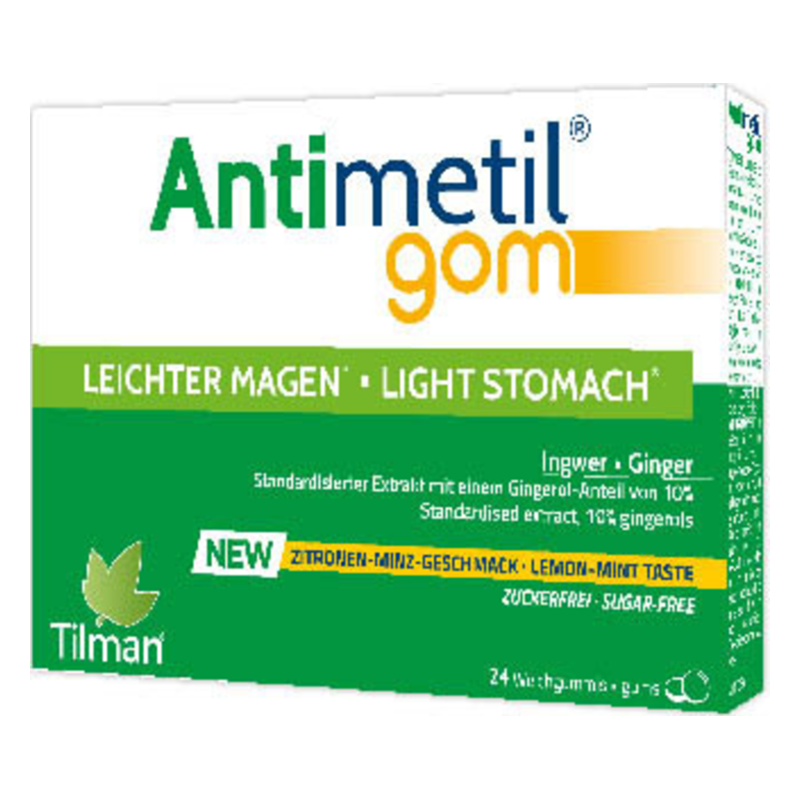 Verpackung von Antimetil Kaugummi mit Ingwer, Zitronen-Minz-Geschmack, zuckerfrei, 24 Stück.