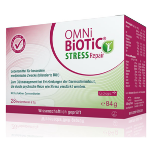 Verpackung des Medikaments OMNi BiOTiC Stress Repair für die Diät bei entzündeten Darmschleimhäuten; 28 portionierte Beutel.