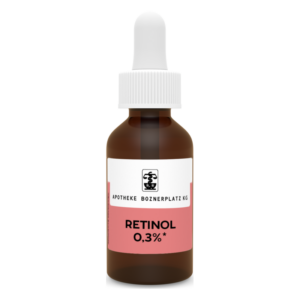 Braune Flasche mit Pipette, etikettiert mit "Retinol 0,3%" von der Apotheke Boznerplatz KG.