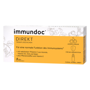 Verpackung von immundoc Direkt Trinkfläschchen mit orangefarbenem Design und Informationen zu Inhaltsstoffen für das Immunsystem.
