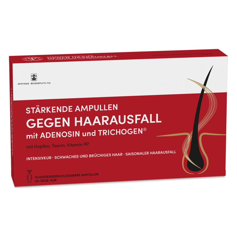 Packung mit stärkenden Ampullen gegen Haarausfall, enthalten Adenosin, Trichogen, Hopfen und Vitamine.
