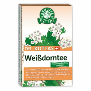 Verpackung von Dr. Kottas Weißdorntee, mit Pflanzenillustrationen und Anwendungshinweisen zur Herz-Kreislaufunterstützung.