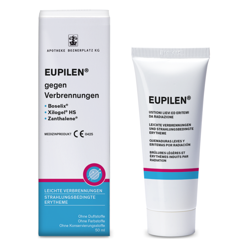EUPILEN Creme für leichte Verbrennungen und strahlungsbedingte Erytheme in einer Tube und einer Box.