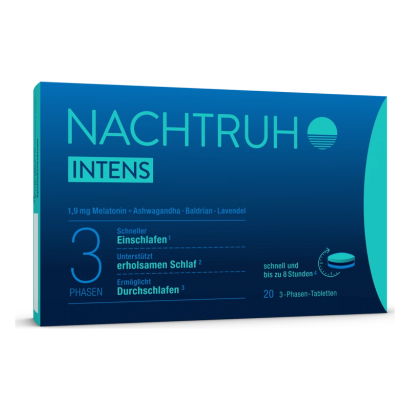 Verpackung von Nachtruhe Intens mit Angaben zu Inhaltsstoffen und Schlafunterstützung, in blauer Farbgestaltung.