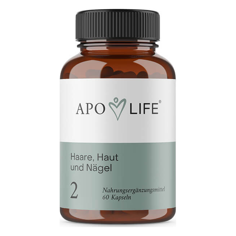 Brauner Glasbehälter mit schwarzem Deckel, gekennzeichnet mit "HAARE, HAUT und NÄGEL", enthält Nahrungsergänzungsmittel.