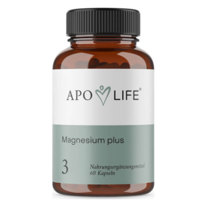 Braune Glasflasche mit schwarzem Schraubverschluss, enthält Magnesium plus Nahrungsergänzungsmittel in Kapseln.