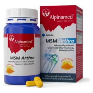 Blaues Fläschchen mit gelben Kapseln und roter Verpackung für das Nahrungsergänzungsmittel MSM Arthro zur Unterstützung der Gelenke.