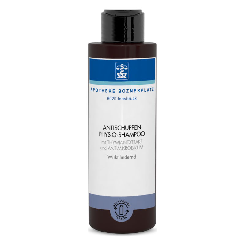 Braune Flasche mit Antischuppen Physio-Shampoo, enthalten Thymianextrakt und Antimikrobikum, wirkt lindern.
