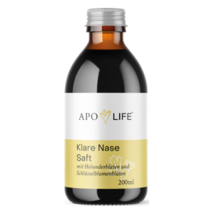 Dunkelbraune Flasche mit silberner Schraubkappe, Etikett in Weiß mit goldener Schrift für "Klare Nase Saft".