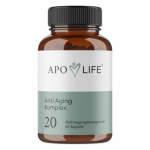 Braune Glasflasche mit schwarzem Deckel, enthält Kapseln, beschriftet mit 'APO LIFE Anti Aging Komplex'.
