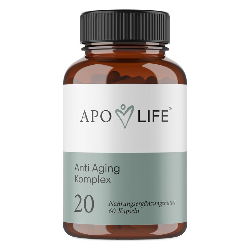 Braune Glasflasche mit schwarzem Deckel, enthält Kapseln, beschriftet mit 'APO LIFE Anti Aging Komplex'.