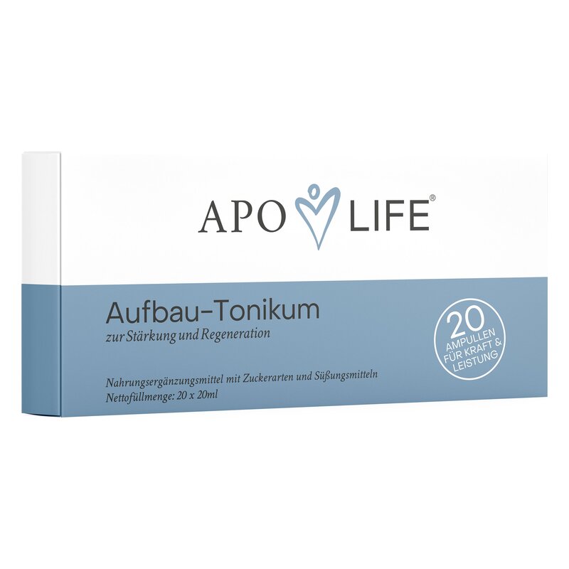 Verpackung des Aufbau-Tonikums von APO LIFE, das zur Stärkung und Regeneration dient, mit 20 Ampullen.