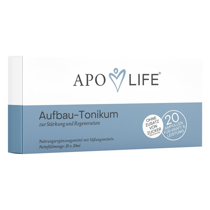 Verpackung des APO LIFE Aufbau-Tonikums zur Stärkung und Regeneration, enthält 20 Ampullen, zuckerfrei.