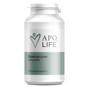 Weißes, runde Dose mit silbernem Deckel für Basenpulver, etikettiert als natriumfrei von APO LIFE.