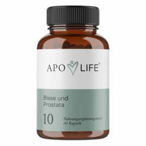 Braune Flasche mit schwarzem Deckel, beschriftet mit "APO LIFE Blase und Prostata", enthält Nahrungsergänzungsmittel in Kapselform.
