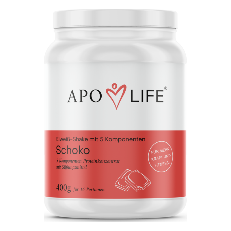 Behälter für Schokoladeneiweißshake mit fünf Komponenten und 400 g Inhalt, der 16 Portionen ergibt.