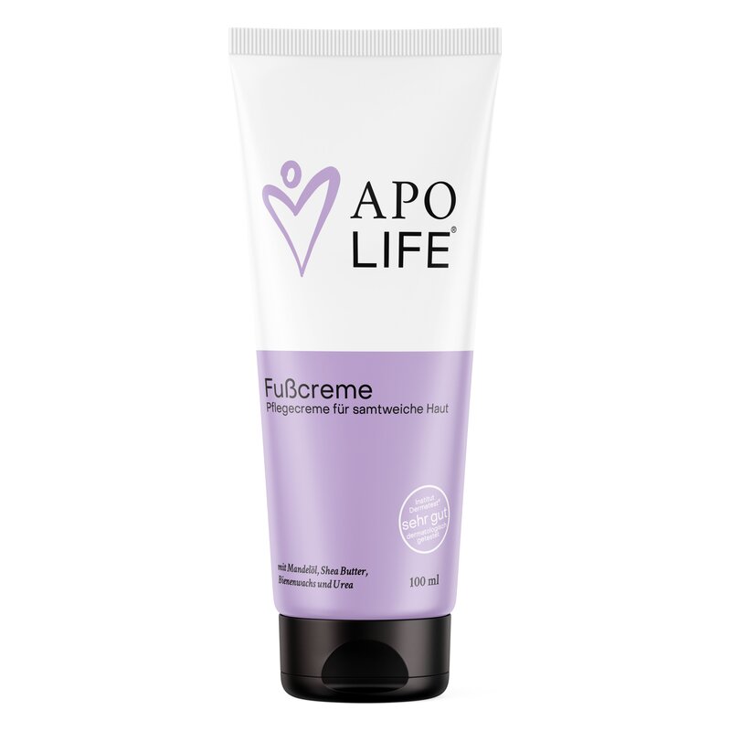 Fußcreme in einer weißen Tube mit lila Unterteil, für samtweiche Haut, mit Inhaltsstoffen wie Mandelöl und Sheabutter.