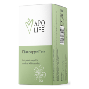 Verpackung von Käsepappel Tee in Apothekenqualität, grüne und weiße Box mit Blütenmuster.