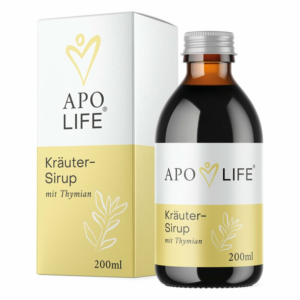 Flasche Kräutersirup mit Thymian, umgeben von einer hellen Verpackung mit pflanzlichen Motiven.