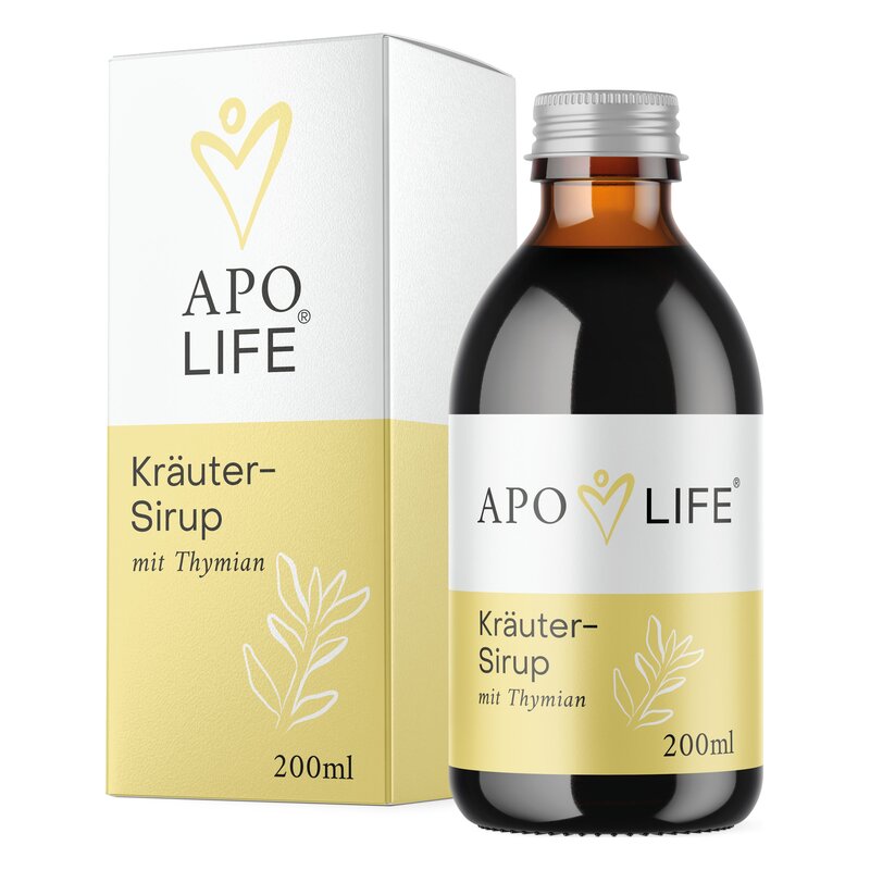 Flasche Kräutersirup mit Thymian, umgeben von einer hellen Verpackung mit pflanzlichen Motiven.