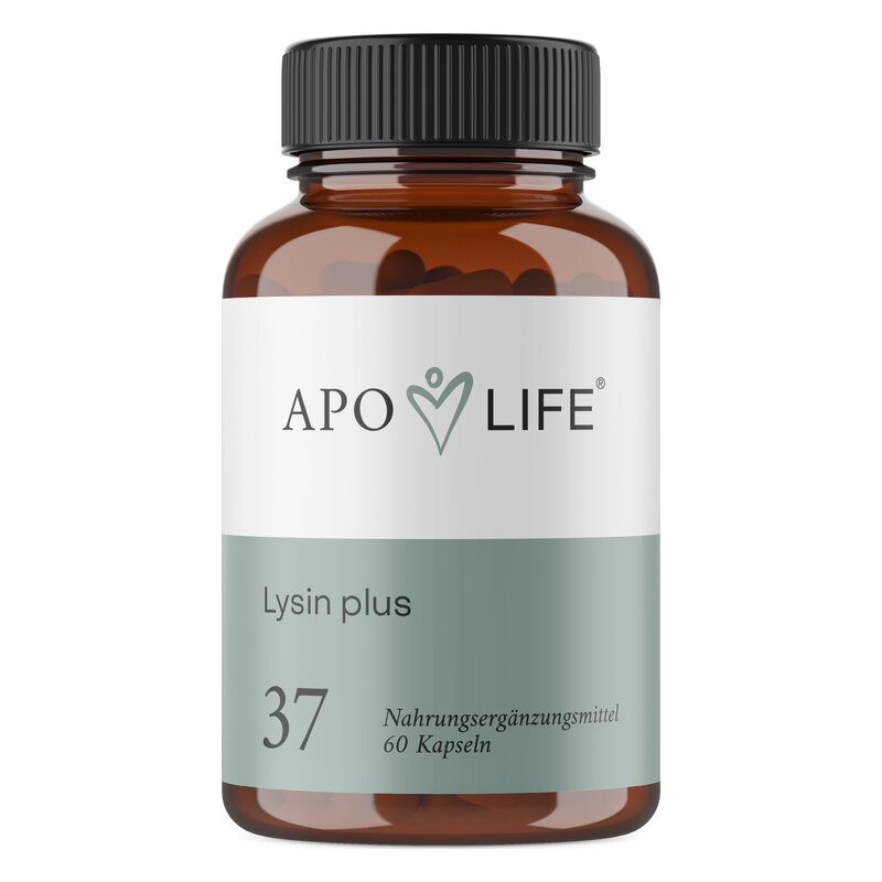 Braune Glasflasche mit schwarzem Deckel, etikettiert mit "APO LIFE Lysine plus", enthält Nahrungsergänzungsmittel.