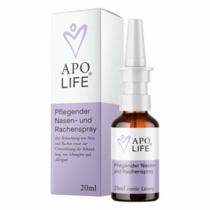 Pflegender Nasen- und Rachenspray in brauner Glasflasche mit Kunststoffsprühkopf, verpackt in einer weißen Schachtel mit lila Details.