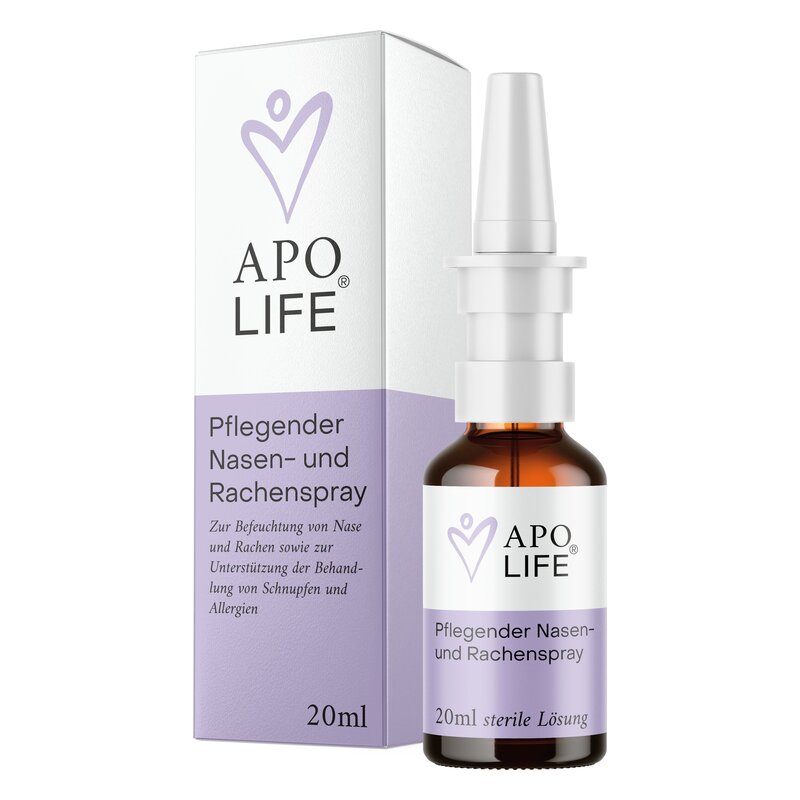 Pflegender Nasen- und Rachenspray in brauner Glasflasche mit Kunststoffsprühkopf, verpackt in einer weißen Schachtel mit lila Details.