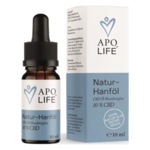 Flasche mit Natur-Hanföl (CBD) in einer Verpackung, deutlich beschriftet mit Inhaltsangaben und Anweisungen.