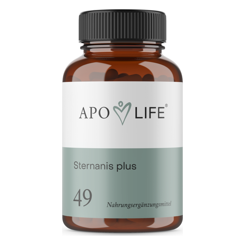 Braune Glasflasche mit schwarzem Deckel, beschriftet mit "APO LIFE Sternanis plus" und Angaben zu Nahrungsergänzungsmitteln.