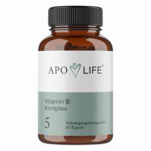 Braune Glasflasche mit schwarzem Deckel, die Vitamin B Komplex Kapseln enthält.