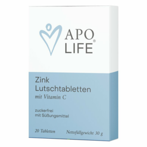 Verpackung von APO LIFE Zink Lutschtabletten mit Vitamin C in einer blauen Box, zuckerfrei, 30 g.