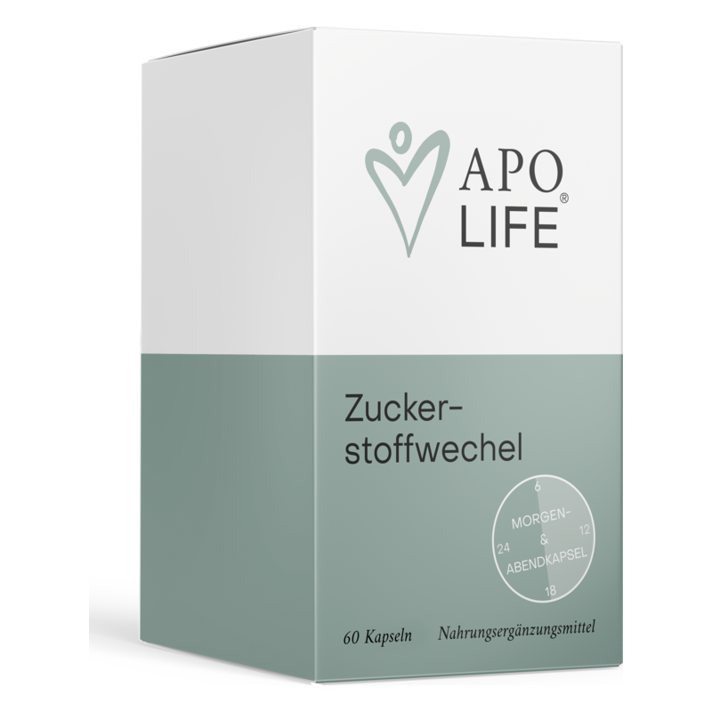 Weißes Nahrungsergänzungsmittel-Packung mit grüner Unterkante und Aufschrift "Zuckerstoffwechsel"