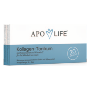 Verpackung des APO LIFE Kollagen-Tonikums mit Aminosäuren und Vitamin C in einer Box mit 20 Ampullen.