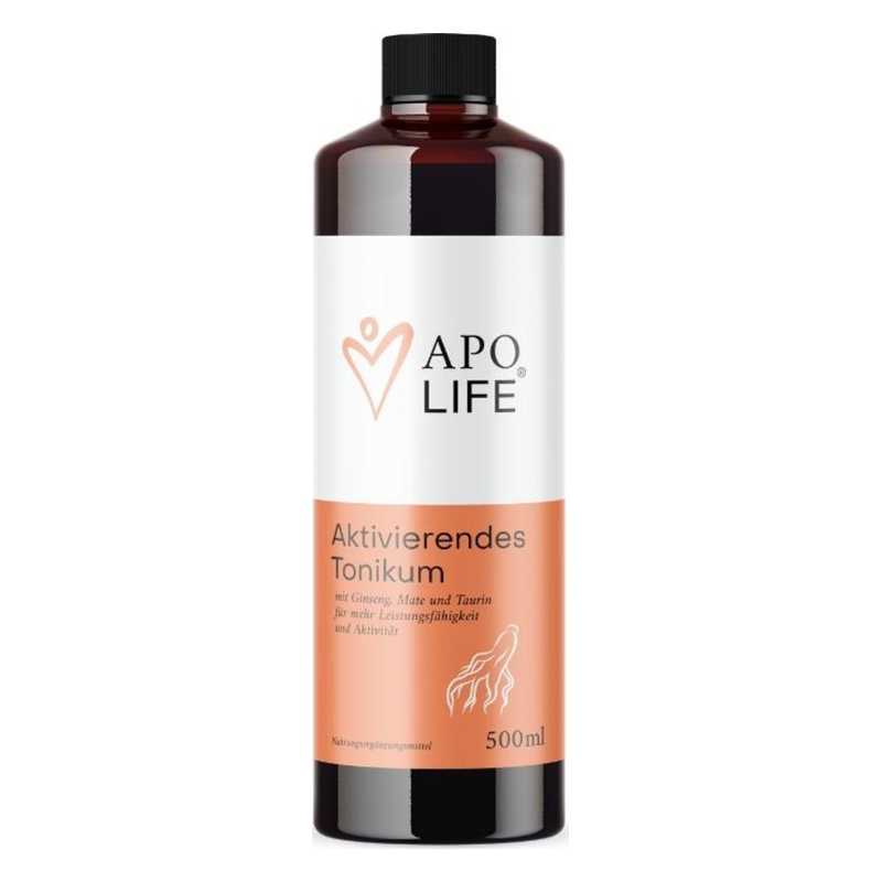 Flasche mit aktivierendem Tonikum von APO LIFE, 500 ml, mit Ginseng, Mate und Taurin.