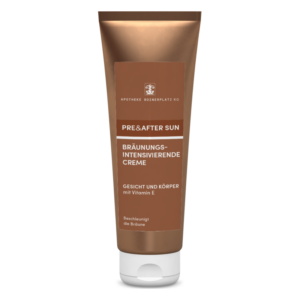 Braunverpackte Tube mit bräunungsintensivierender Creme für Gesicht und Körper, enthält Vitamin E.