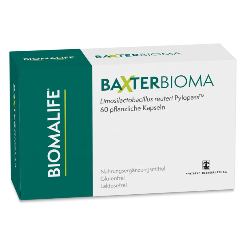 Packung Nahrungsergänzungsmittel mit pflanzlichen Kapseln, gluten- und laktosefrei, für die Gesundheit der Darmflora.