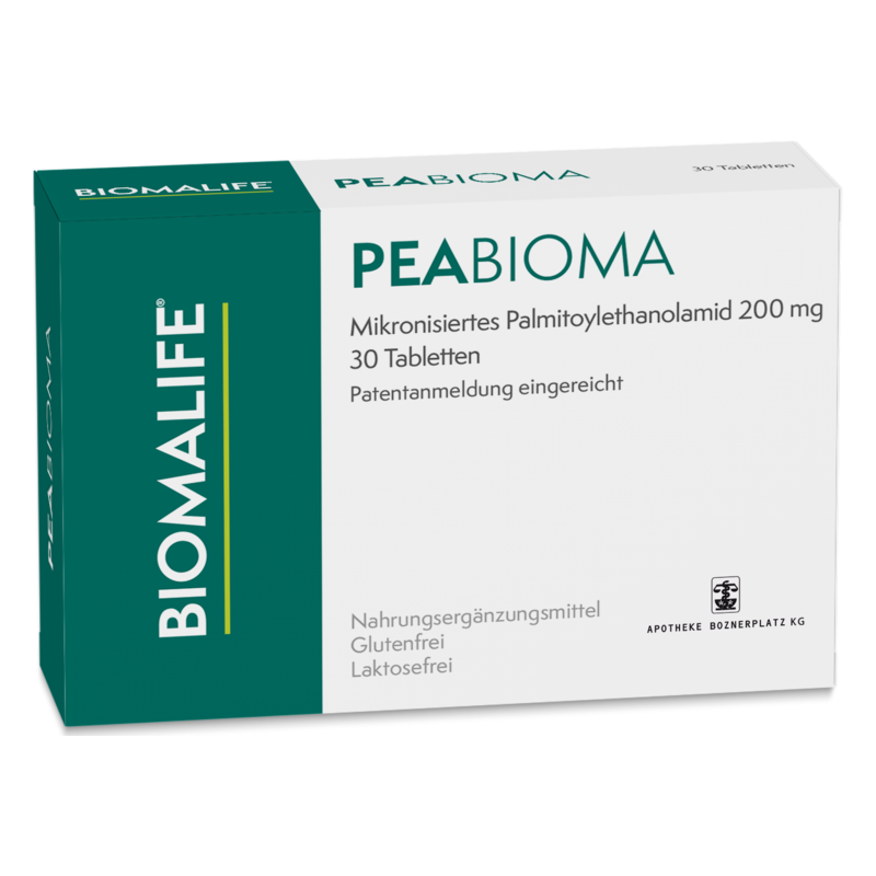 Verpackung eines Nahrungsergänzungsmittels mit dem Namen PEABIOMA, enthält 200 mg mikronisiertes Palmitoylethanolamid in einer Schachtel.