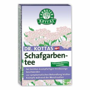 Verpackung von Dr. Kottas Schafgarbentee, mit blütenähnlichen Pflanzenmotiven und Anwendungsinformationen.