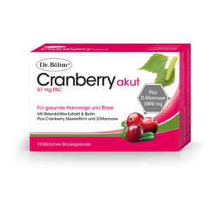 Verpackung von Dr. Böhm Cranberry akut, enthält Brausegranulat für die Gesundheit der Harnwege, mit Cranberry und D-Mannose.