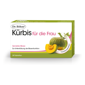 Verpackung von Dr. Böhm Kürbis für die Frau, mit Kürbisabbildung und Informationen zur Blasenunterstützung.