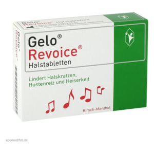 Verpackung von Gelo Revoice Halstabletten mit Hinweis auf die Linderung von Halskratzen, Hustenreiz und Heiserkeit.
