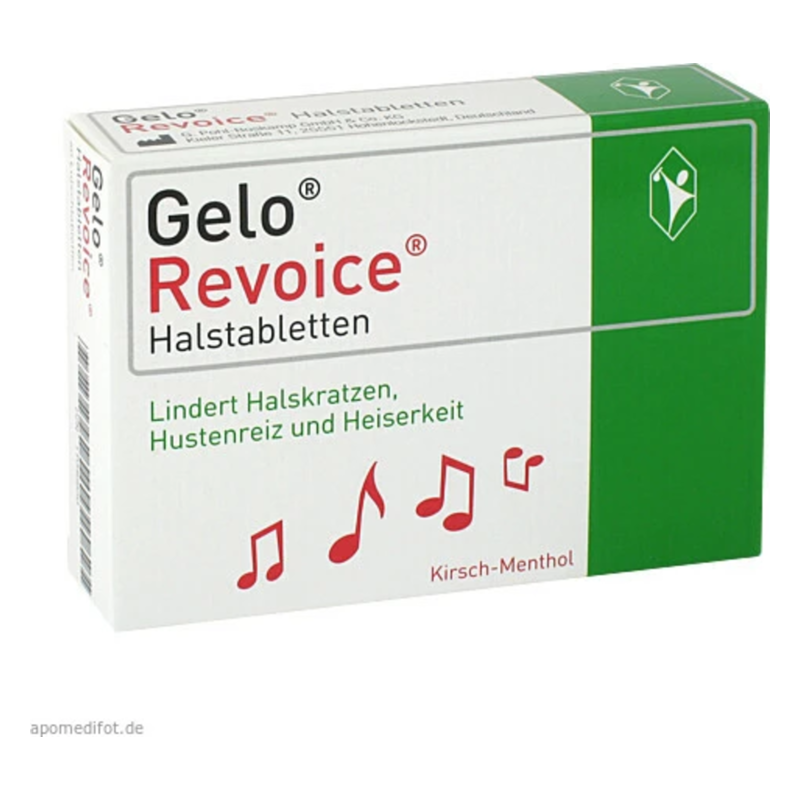 Verpackung von Gelo Revoice Halstabletten mit Hinweis auf die Linderung von Halskratzen, Hustenreiz und Heiserkeit.